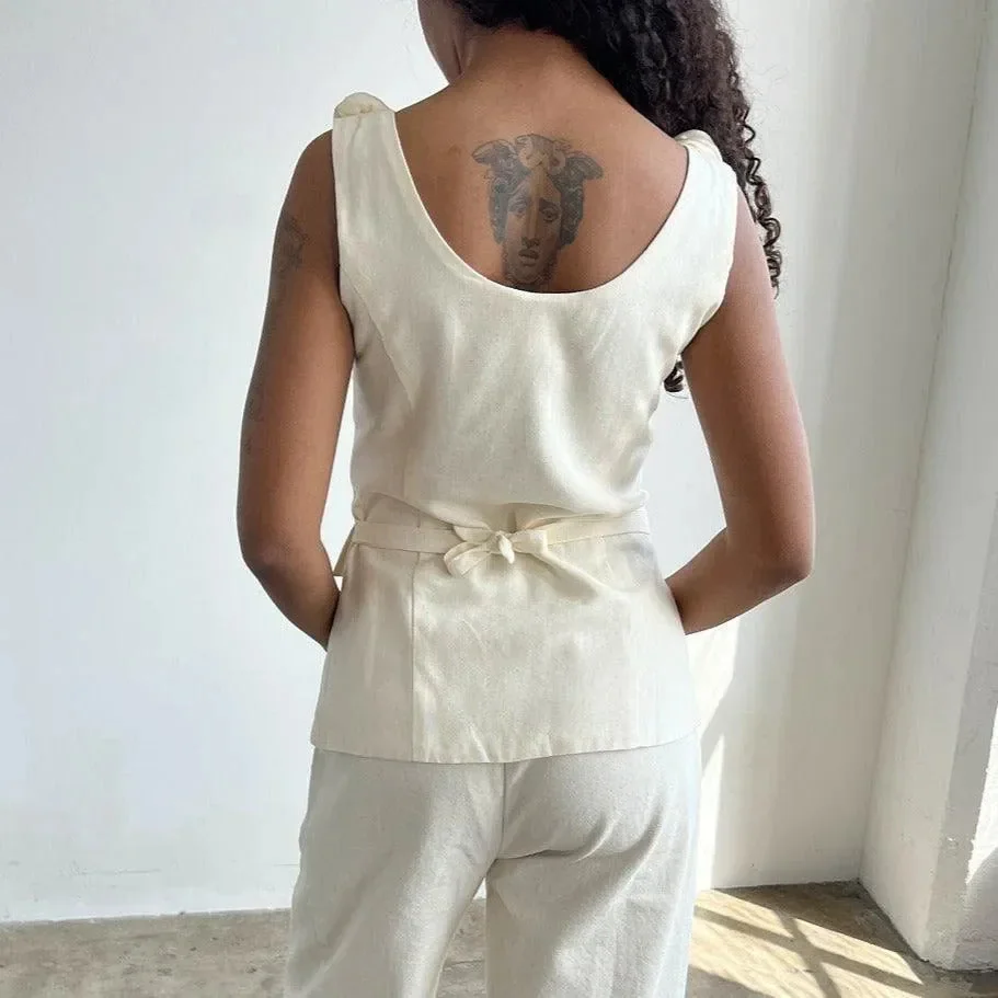 Button Linen Top in Ivory | Elegant V-Neckline Design