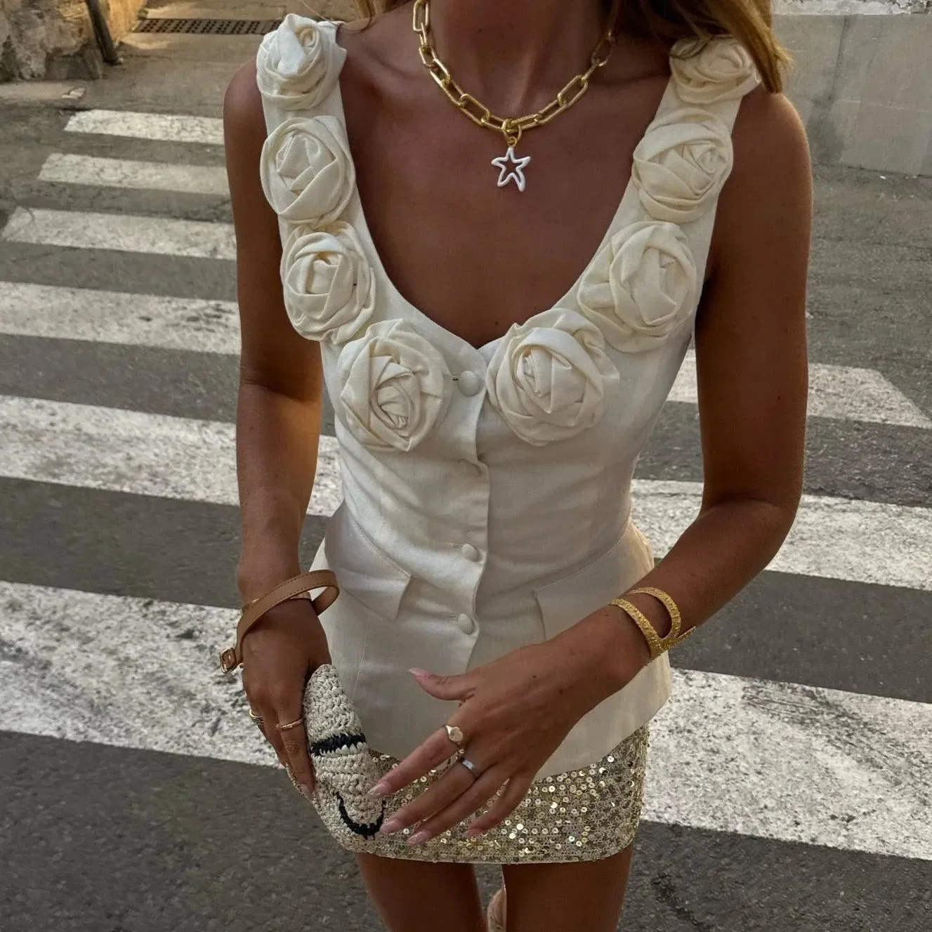 Button Linen Top in Ivory | Elegant V-Neckline Design