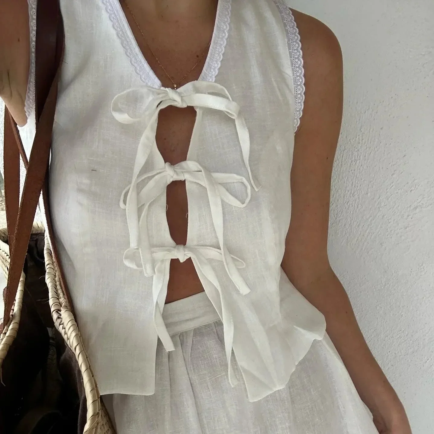 White Sleeveless Lace Trim Shirt