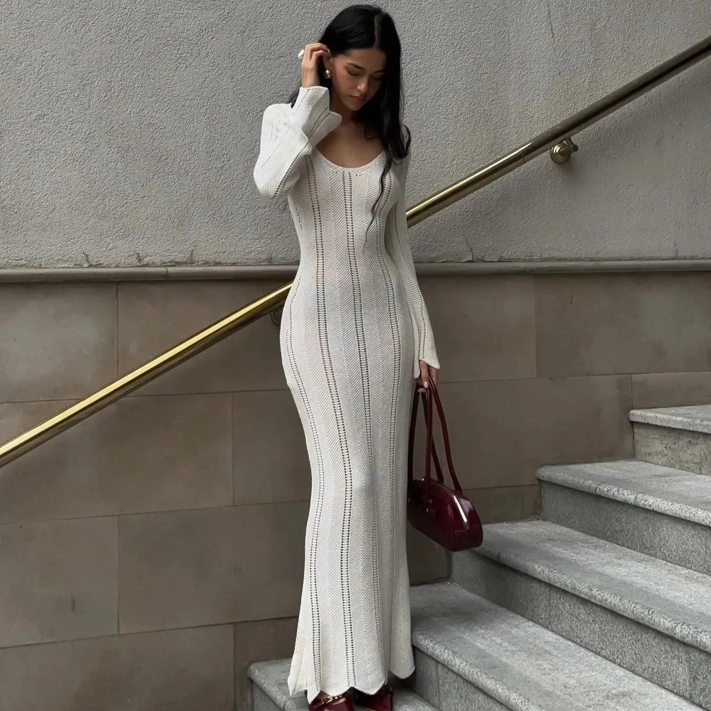 Knitted Long Sleeved Maxi Dress in White or Black