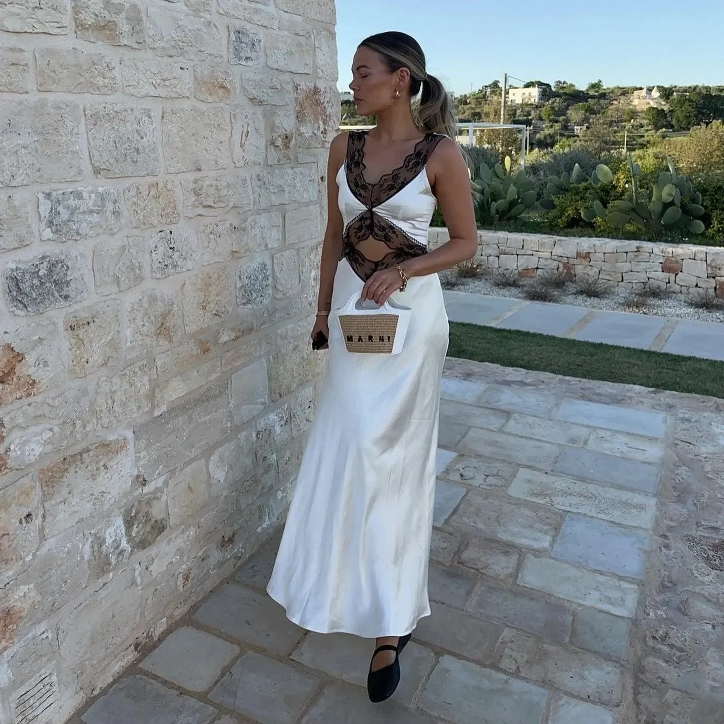 Elegant Satin Maxi Dress with Cut-Out Detail