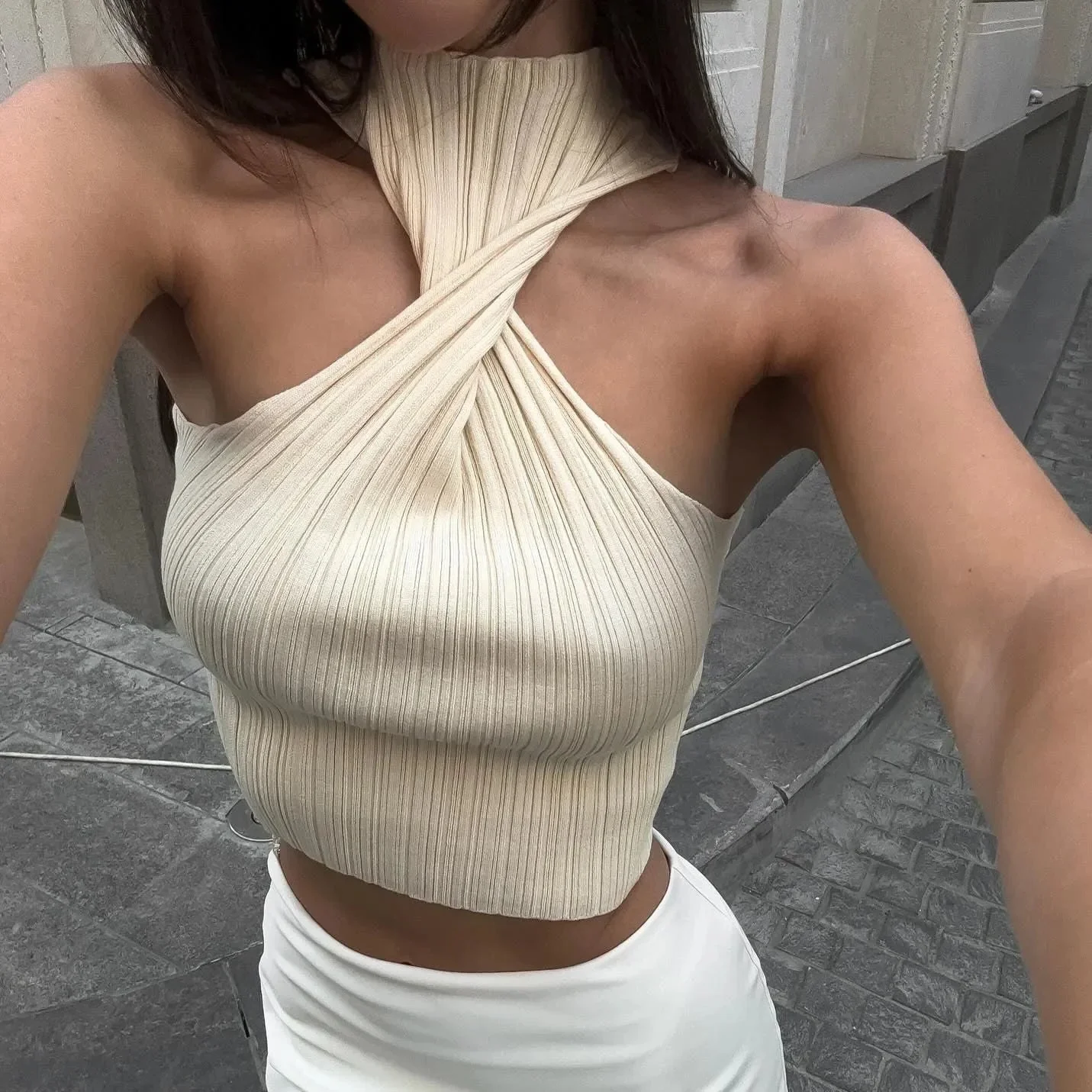 Ribbed Twist Front Crop Top Ivory Black White S-XL
