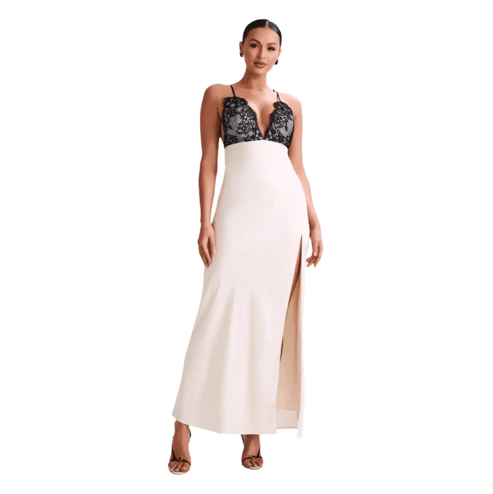Elegant Ivory Satin Lace Maxi Dress