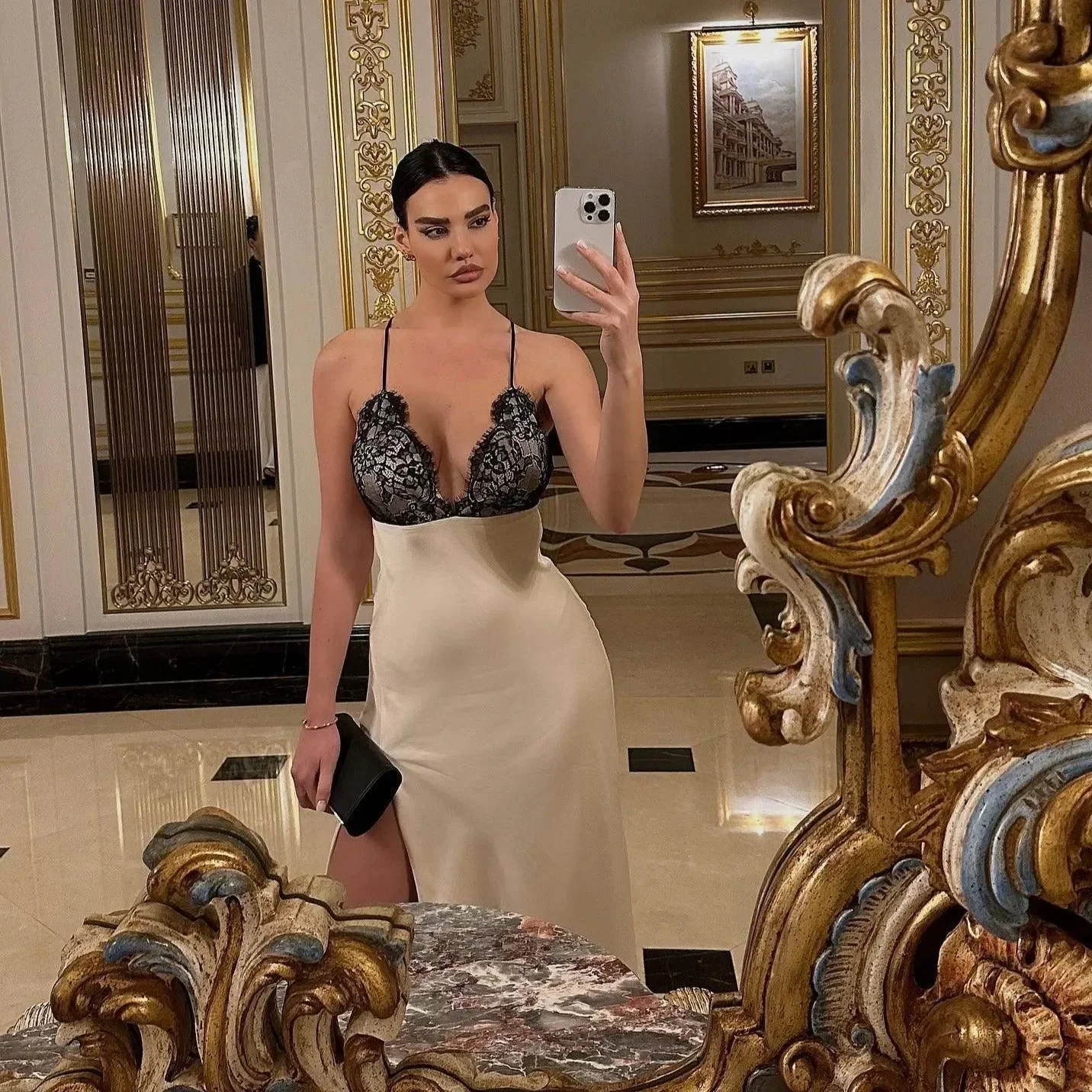 Elegant Ivory Satin Lace Maxi Dress