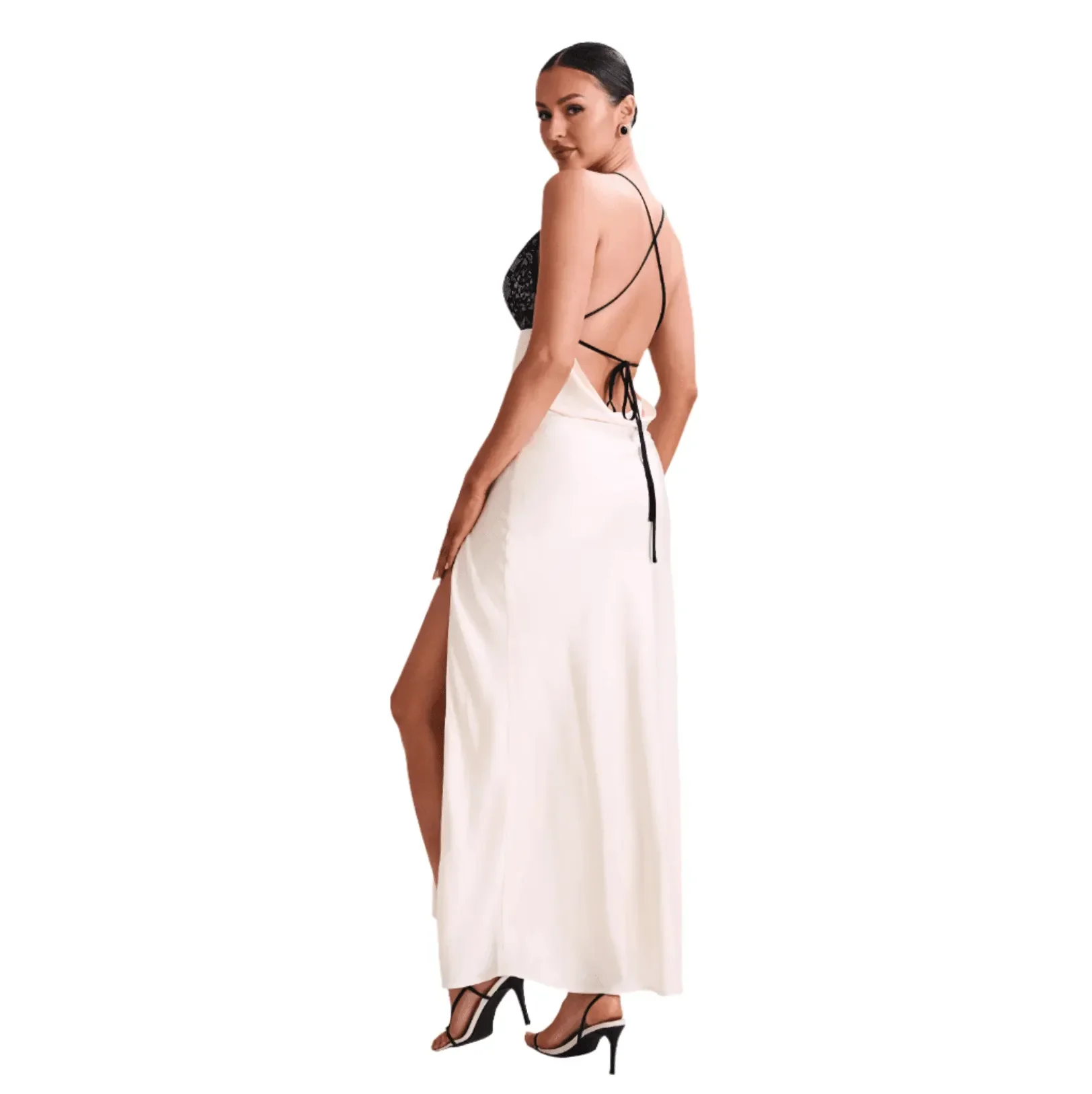 Elegant Ivory Satin Lace Maxi Dress