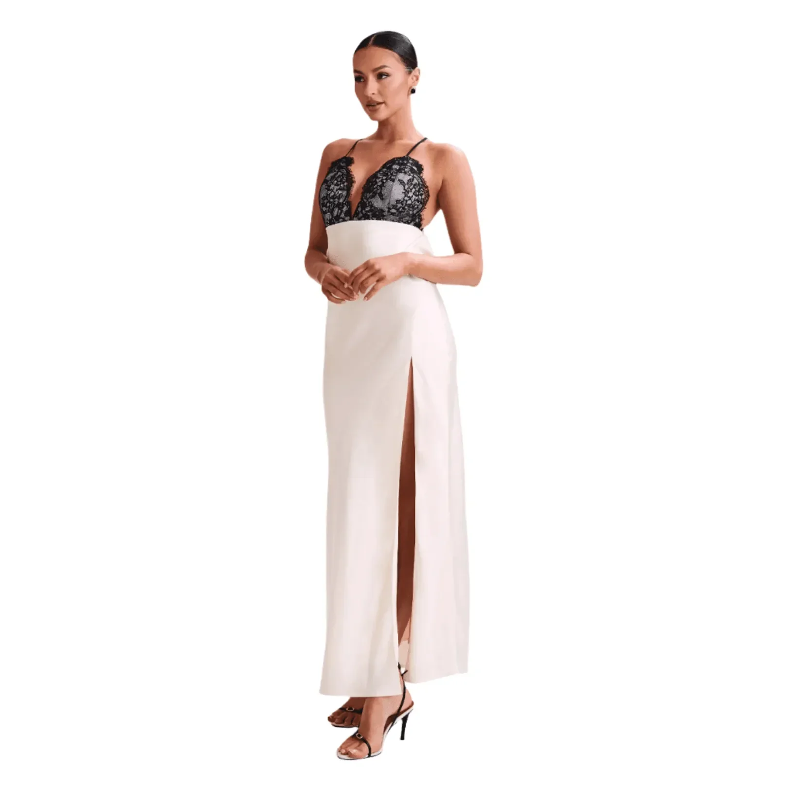 Elegant Ivory Satin Lace Maxi Dress