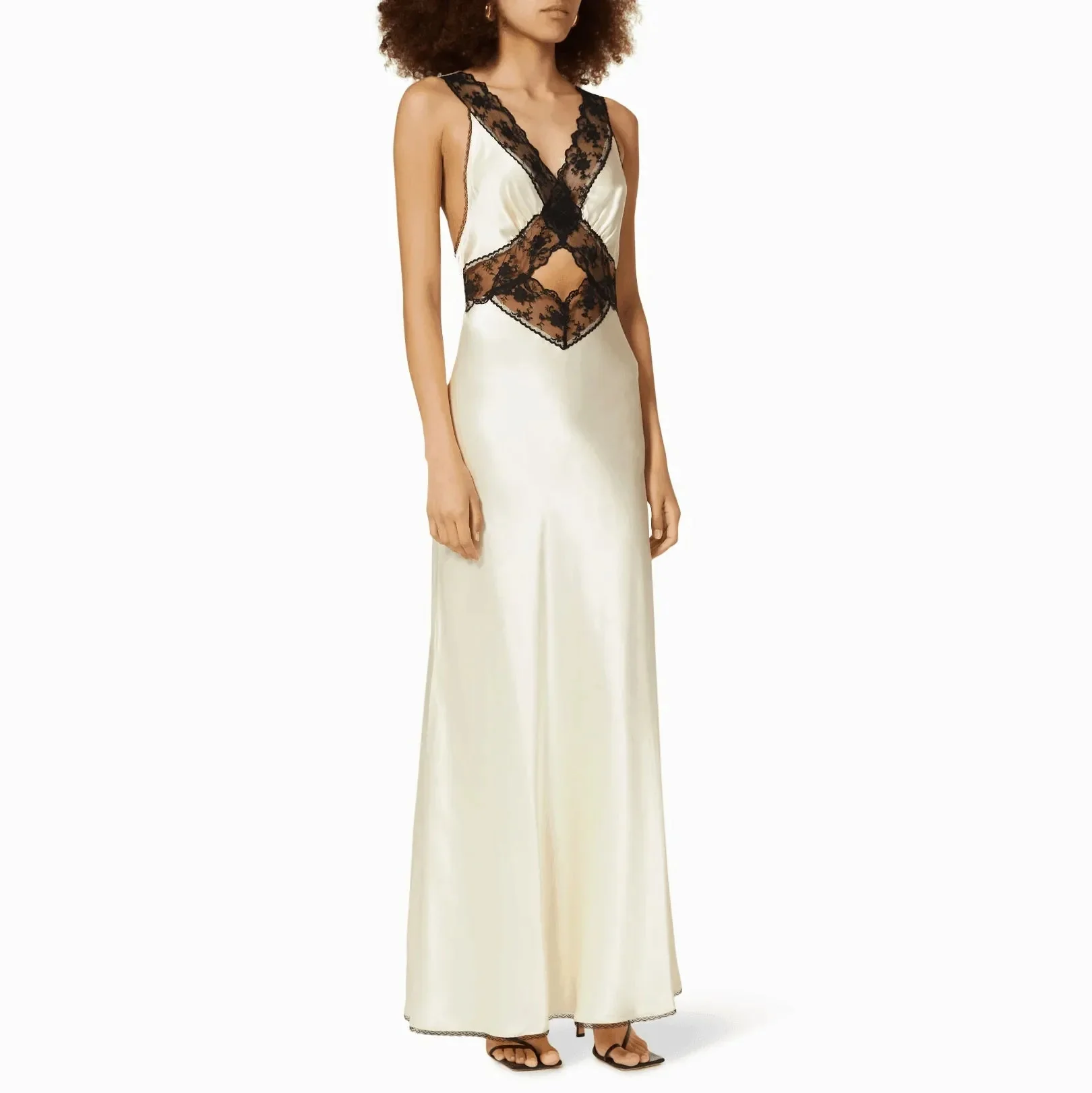 Elegant Satin Lace Maxi Dress with Back Cut-Out