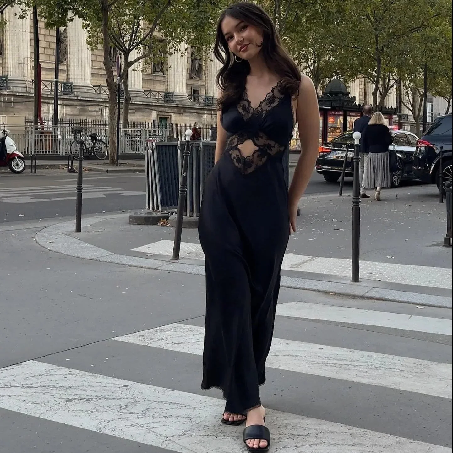 Elegant Satin Lace Maxi Dress with Back Cut-Out