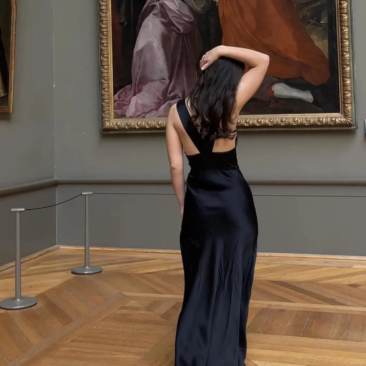 Elegant Satin Lace Maxi Dress with Back Cut-Out