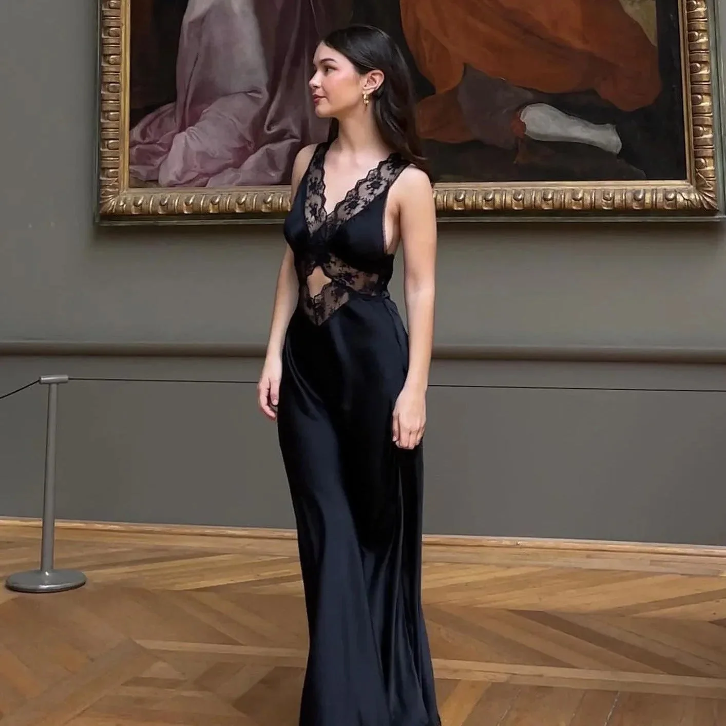 Elegant Satin Lace Maxi Dress with Back Cut-Out