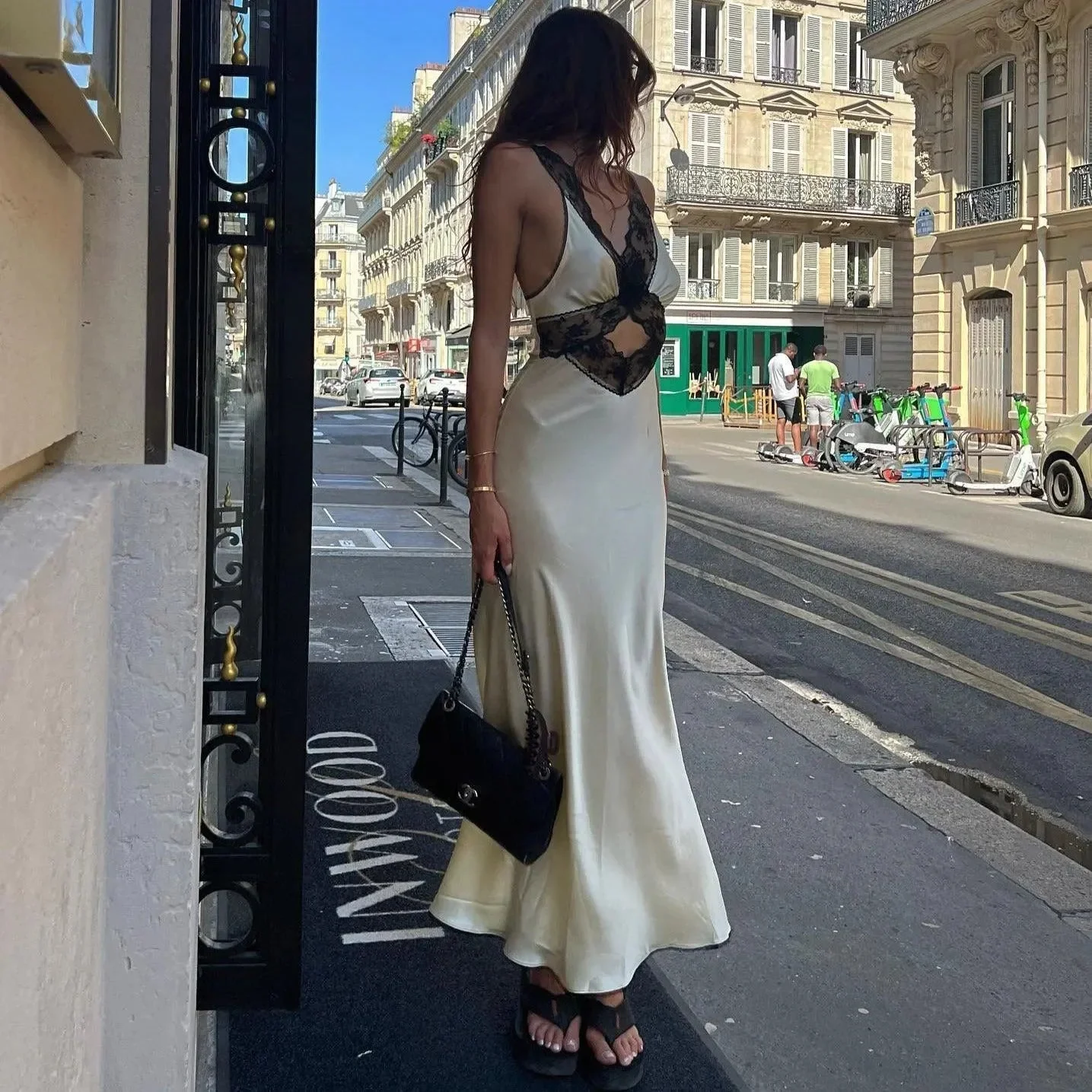 Elegant Satin Lace Maxi Dress with Back Cut-Out