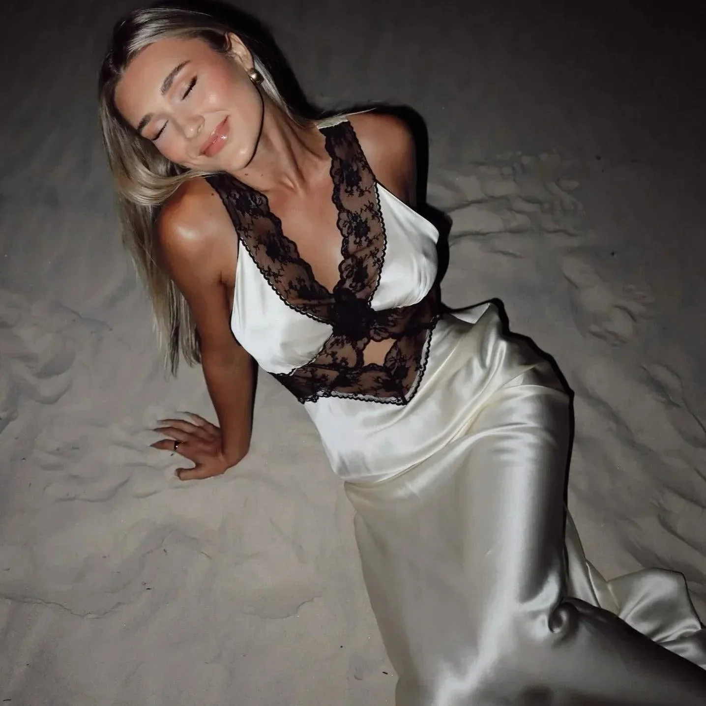 Elegant Satin Lace Maxi Dress with Back Cut-Out