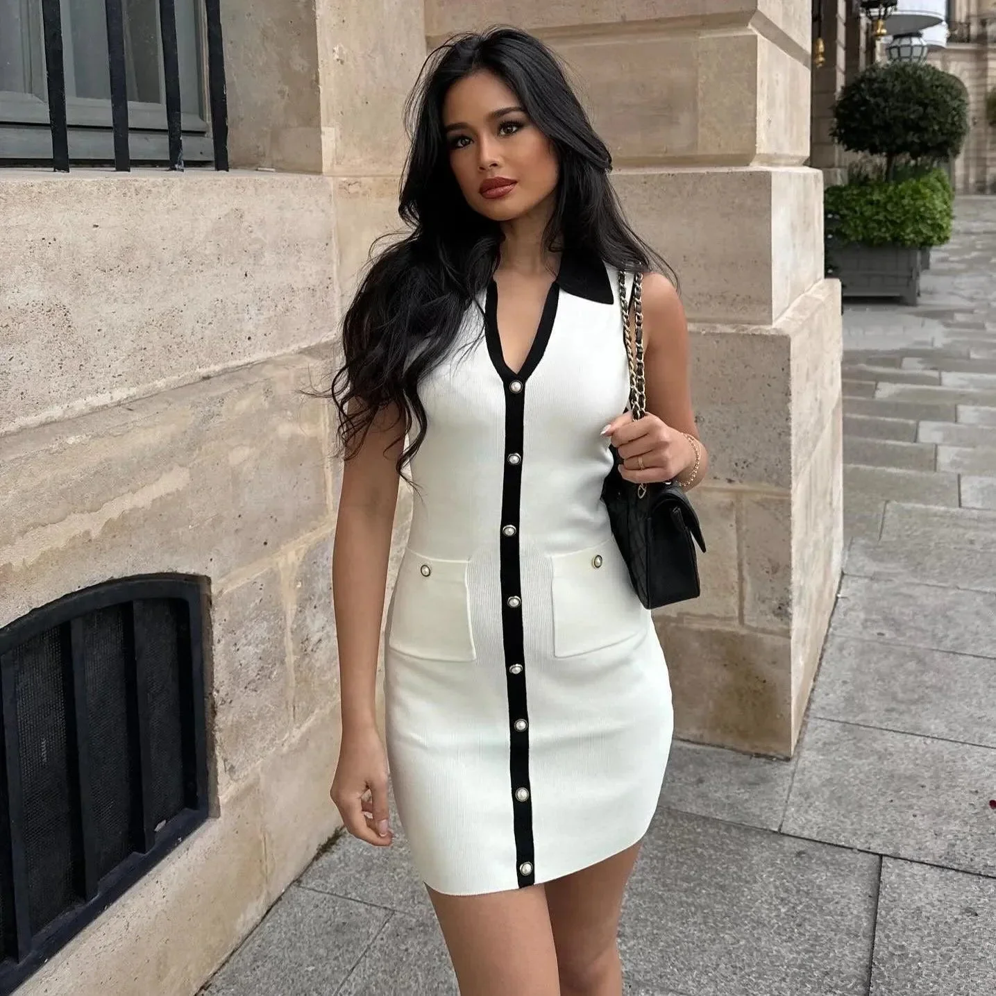 Chic Collared Knit Mini Dress in White