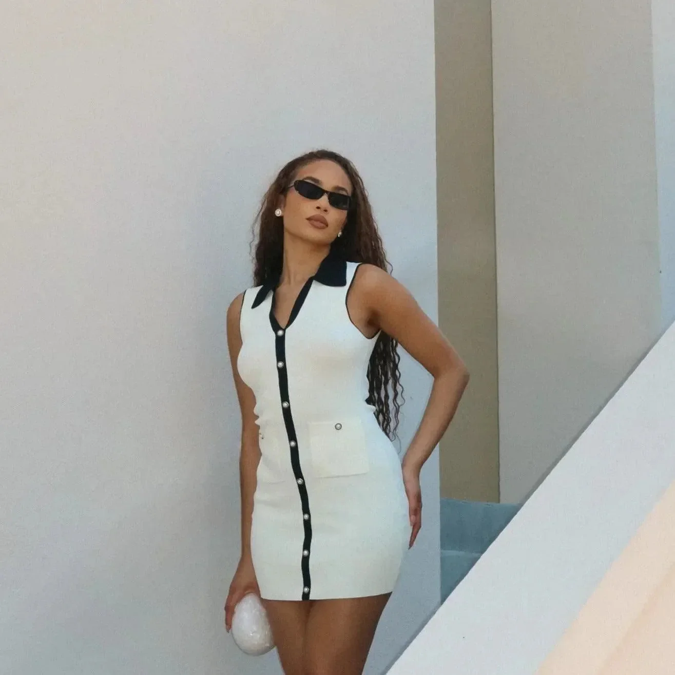 Chic Collared Knit Mini Dress in White