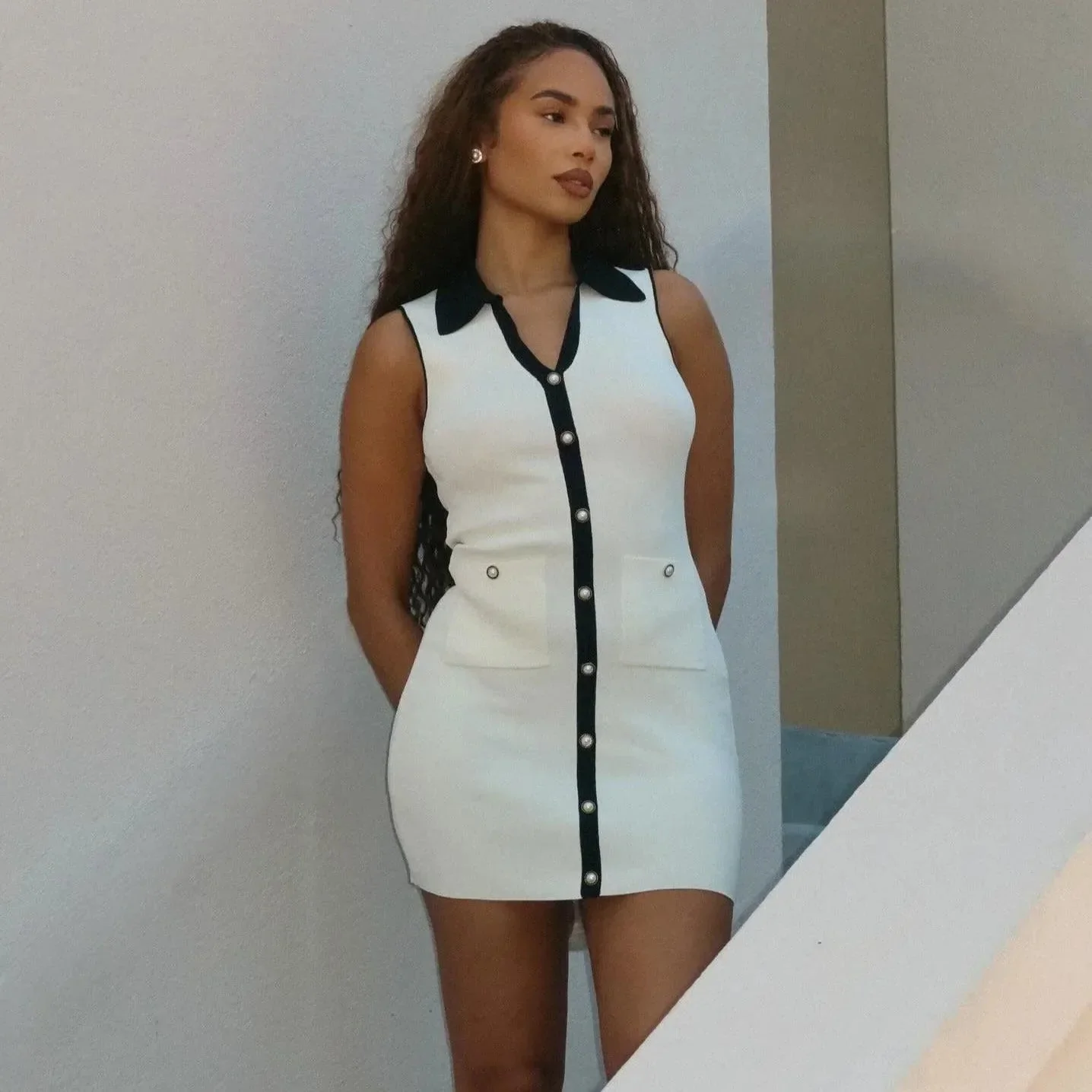 Chic Collared Knit Mini Dress in White