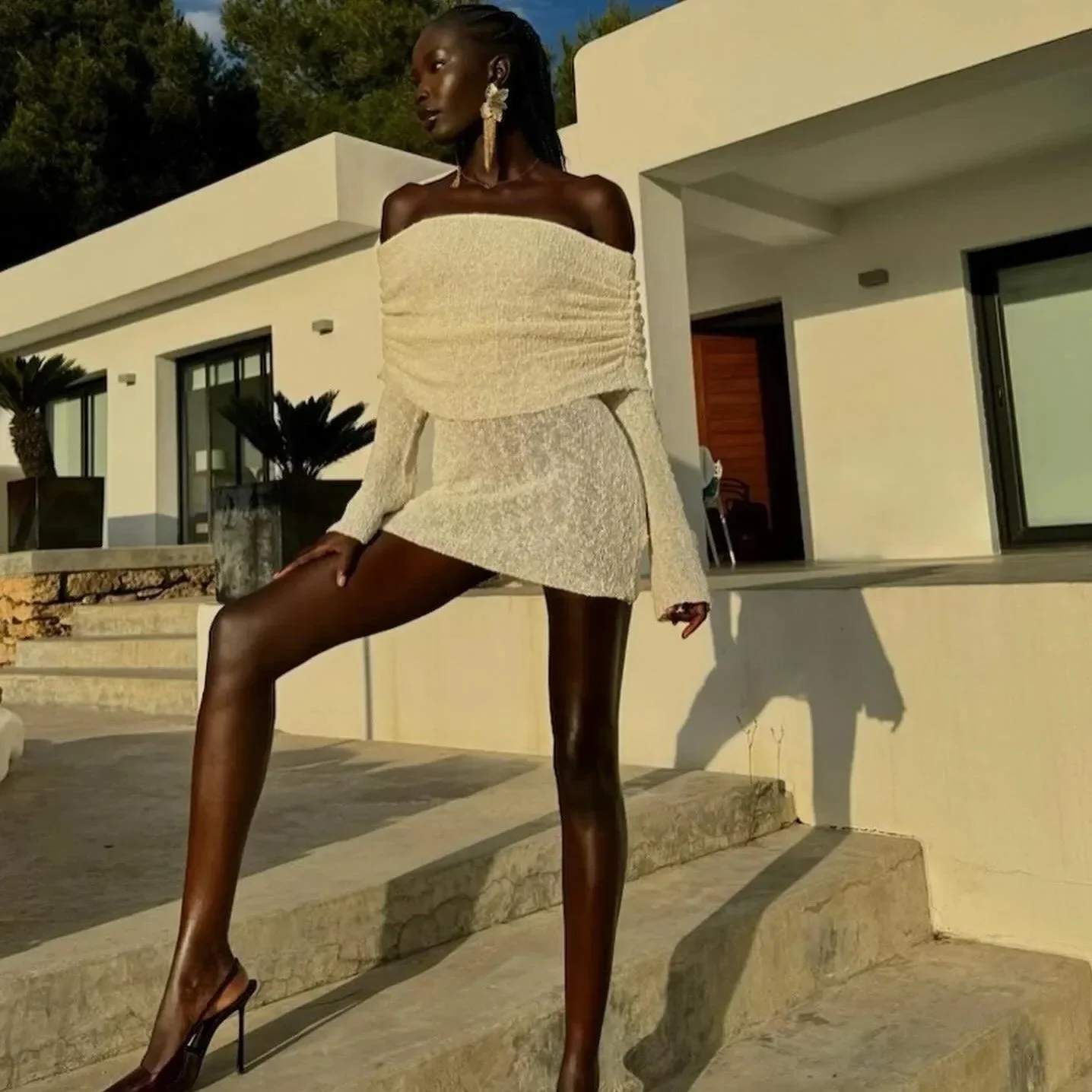 Elegant Off Shoulder Boucle Mini Dress White/Blue