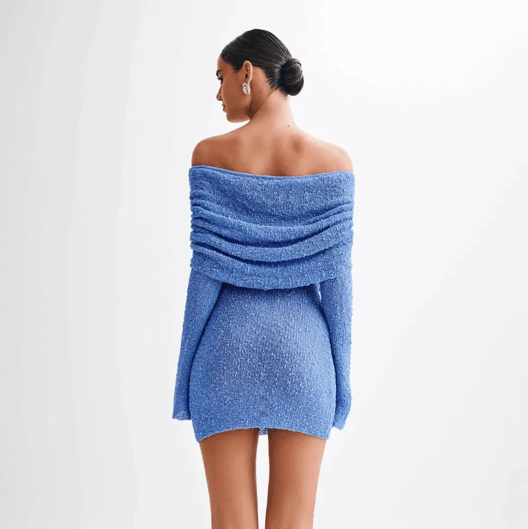 Elegant Off Shoulder Boucle Mini Dress White/Blue