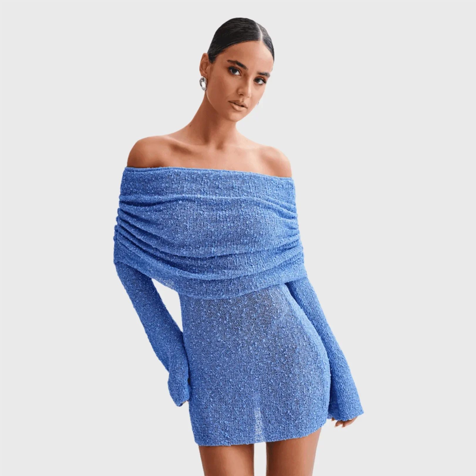 Elegant Off Shoulder Boucle Mini Dress White/Blue