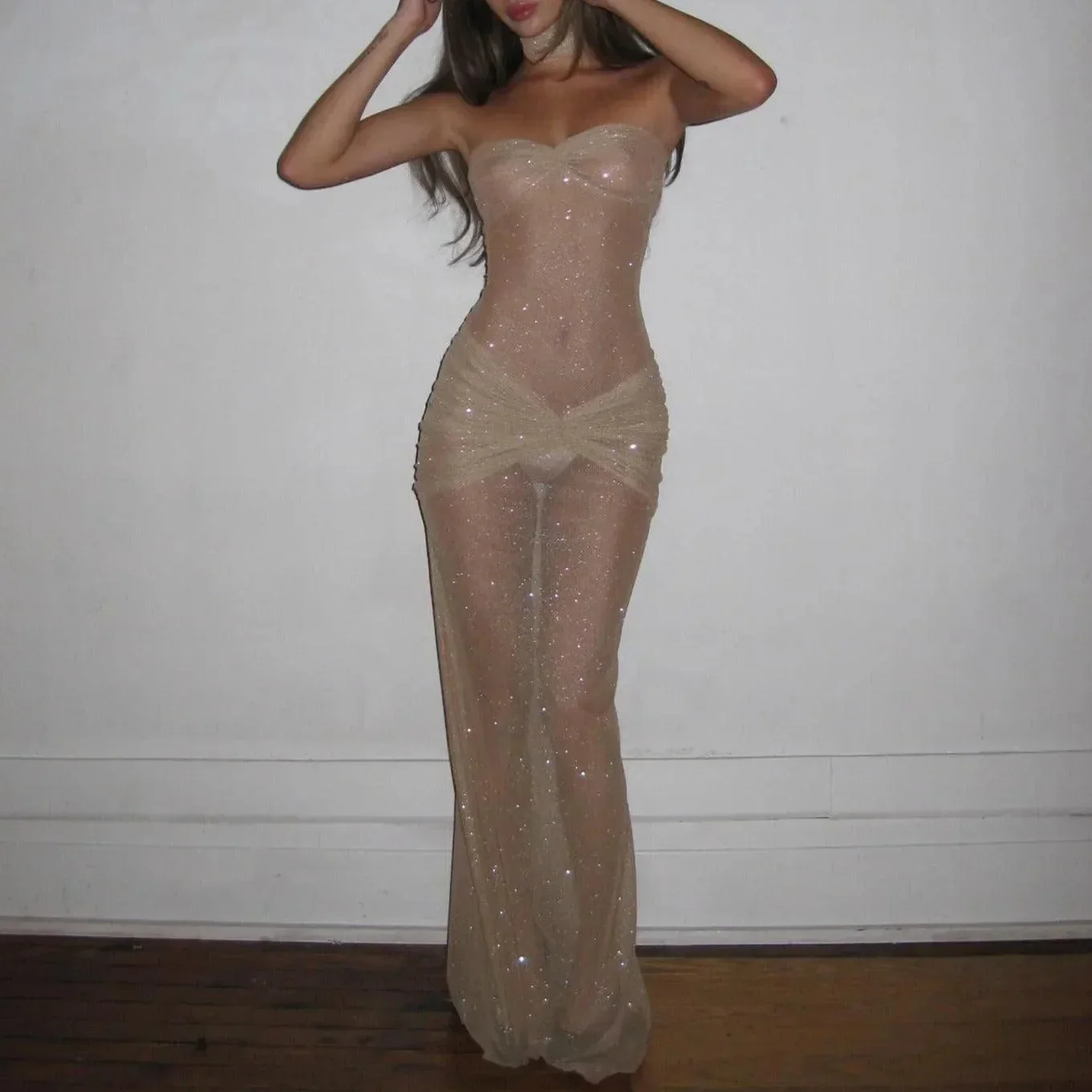 Champagne Mesh Maxi Dress with Glitter Detailing