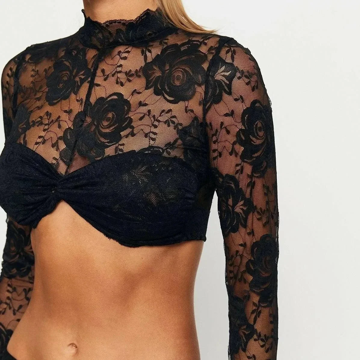 Elegant Floral Lace Sleeve Crop Top