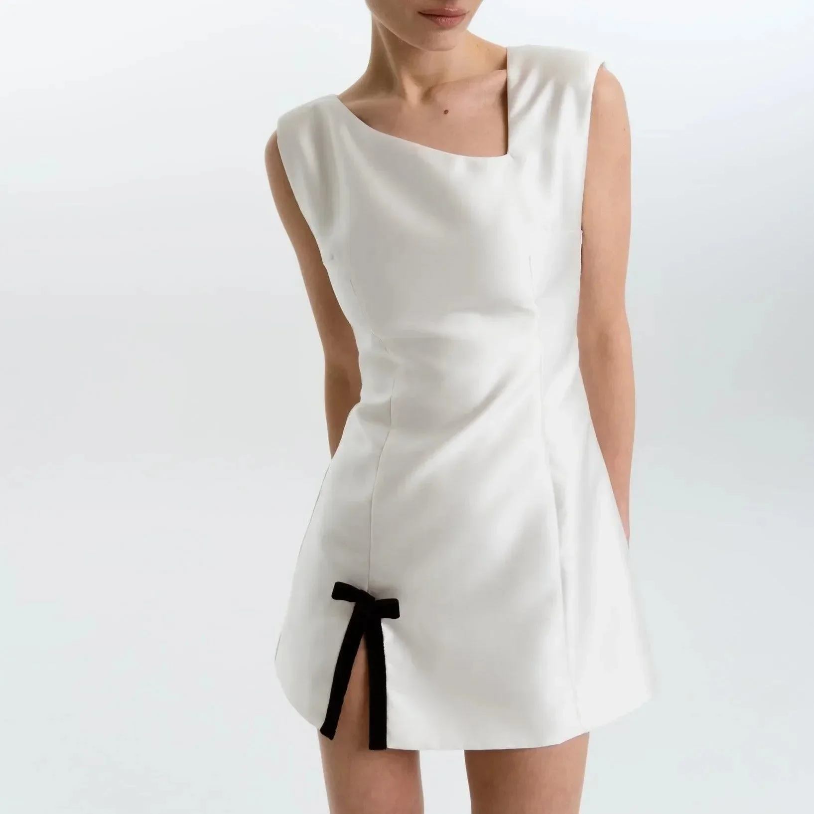 Elegant Ivory Satin Mini Dress - Flattering Silhouette