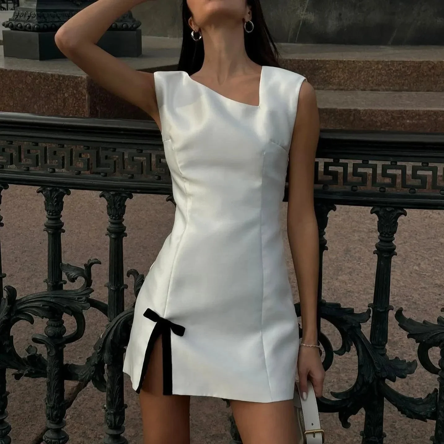 Elegant Ivory Satin Mini Dress - Flattering Silhouette