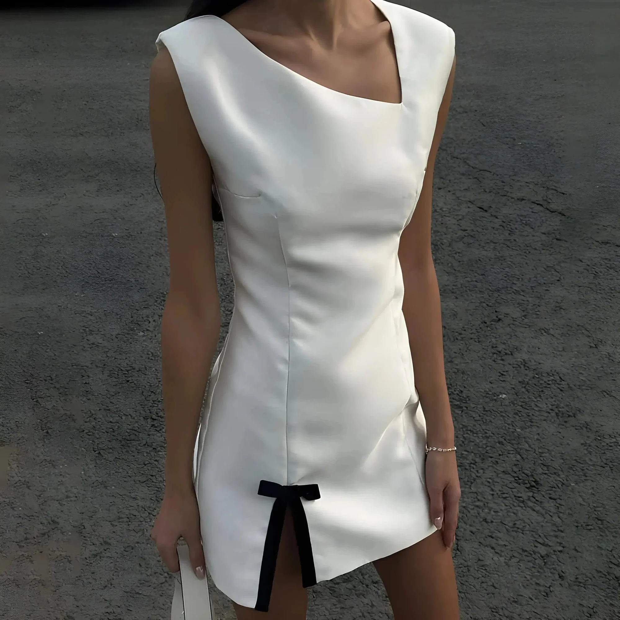 Elegant Ivory Satin Mini Dress - Flattering Silhouette