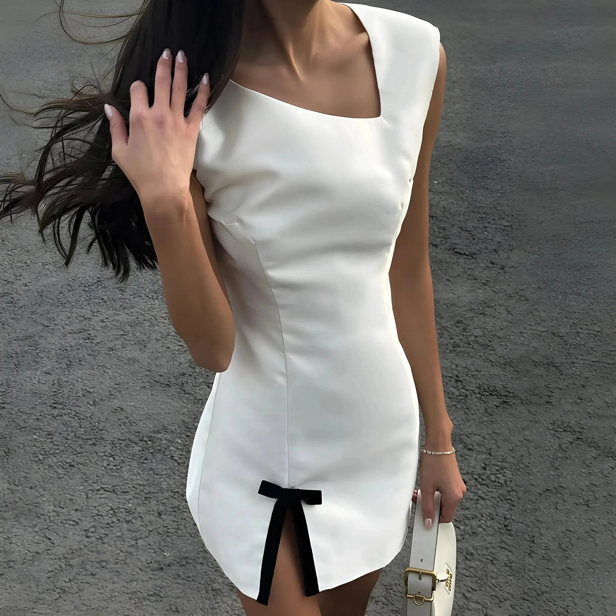 Elegant Ivory Satin Mini Dress - Flattering Silhouette