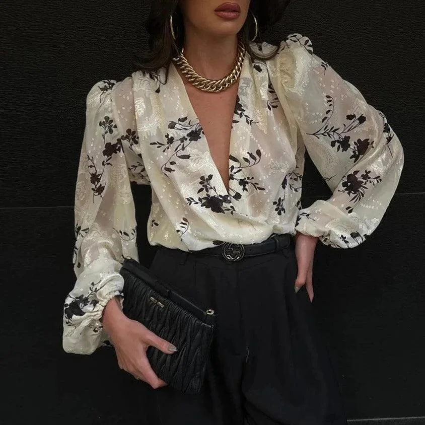 Sophisticated Sheer Floral Blouse - V-Neck Long Sleeve