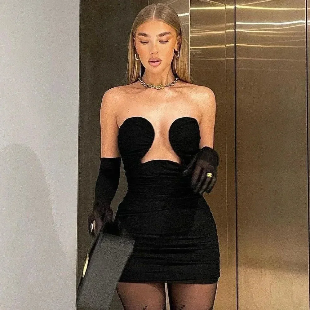 Chic Cut-Out Bustier Mini Dress - Black Chiffon