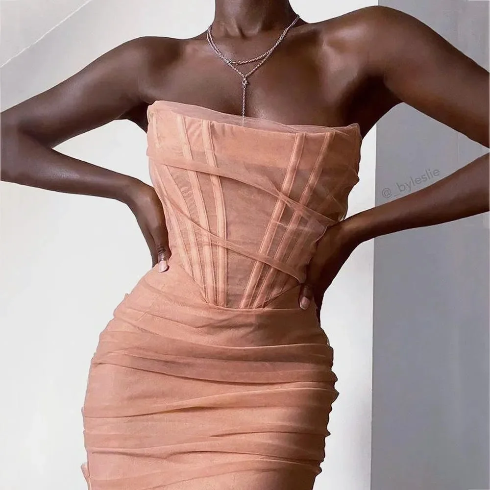 Elegant Strapless Corset Midi Dress in Pink, Ivory, Black