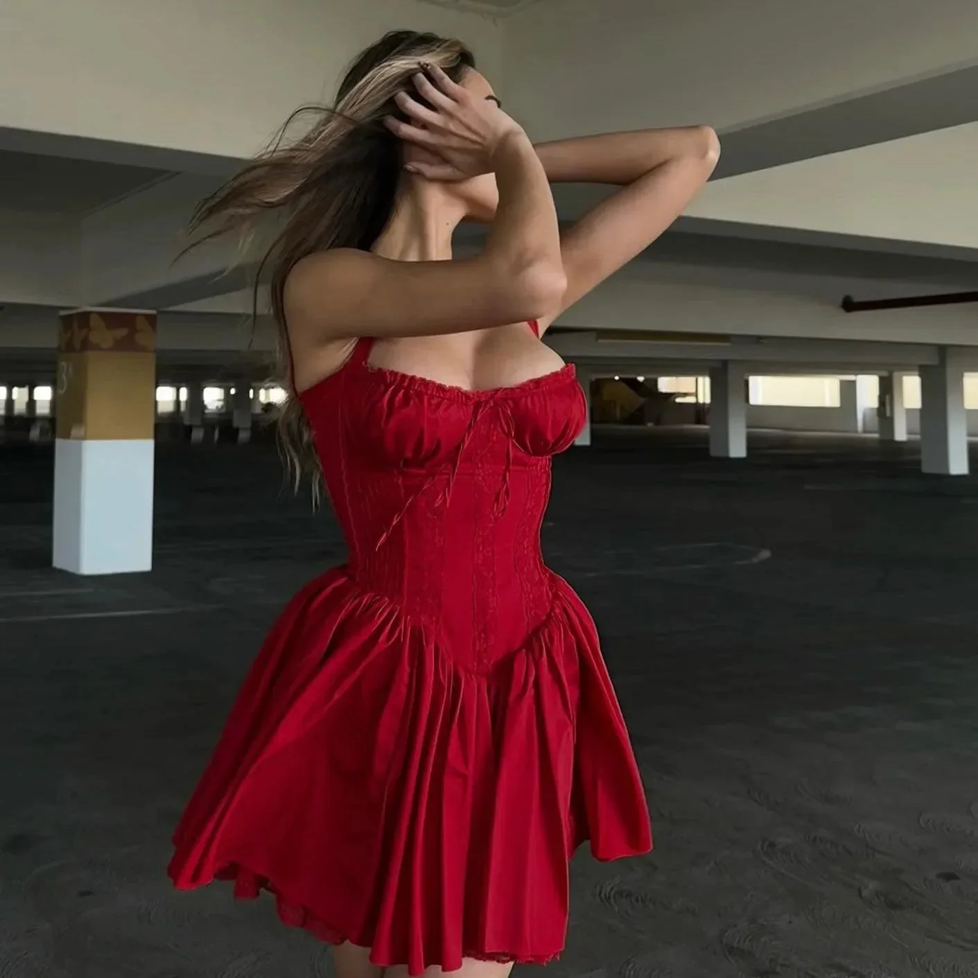 Elegant Lace Corset Mini Dress in White or Red