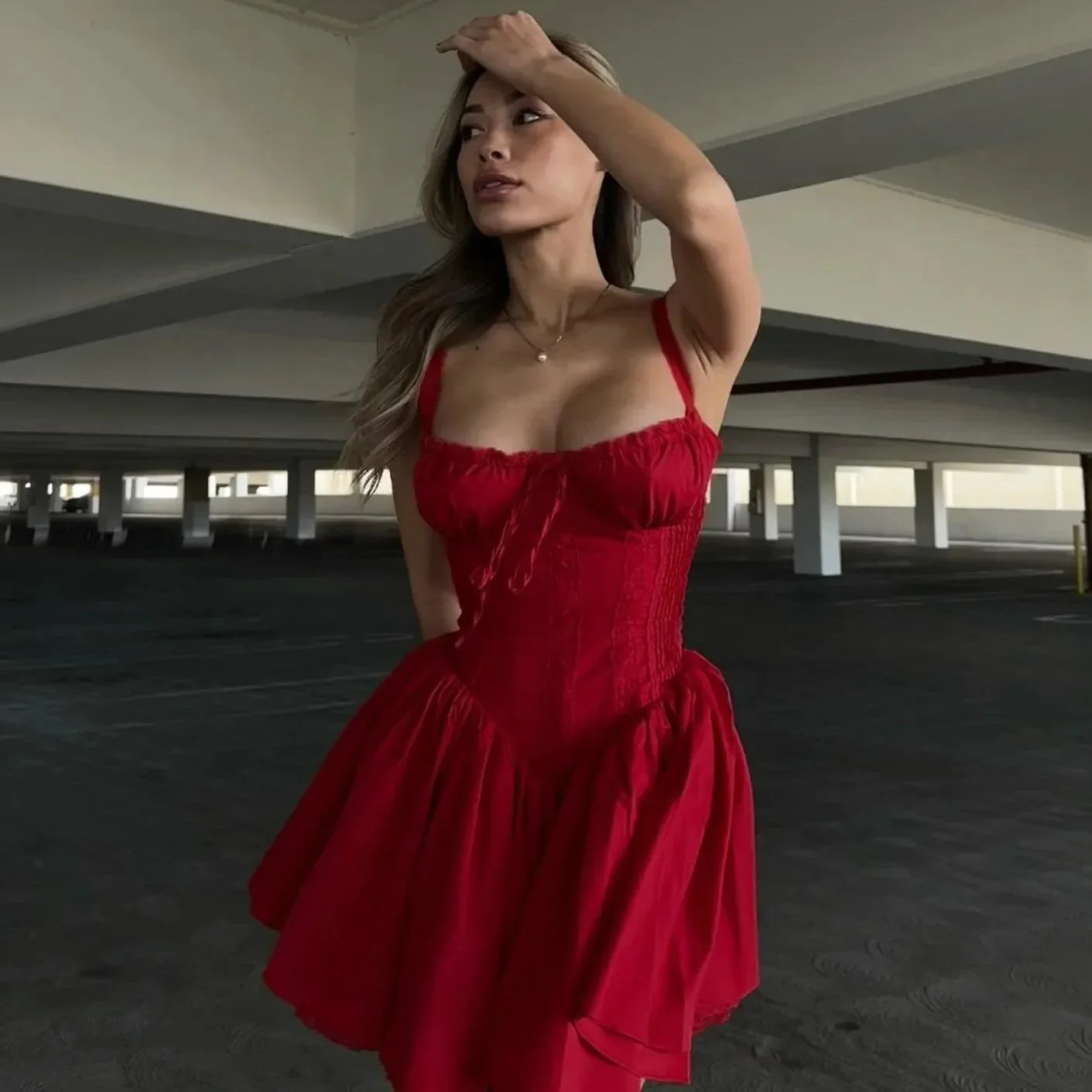 Elegant Lace Corset Mini Dress in White or Red