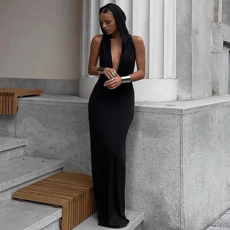 Chic Black Hooded Maxi Dress
