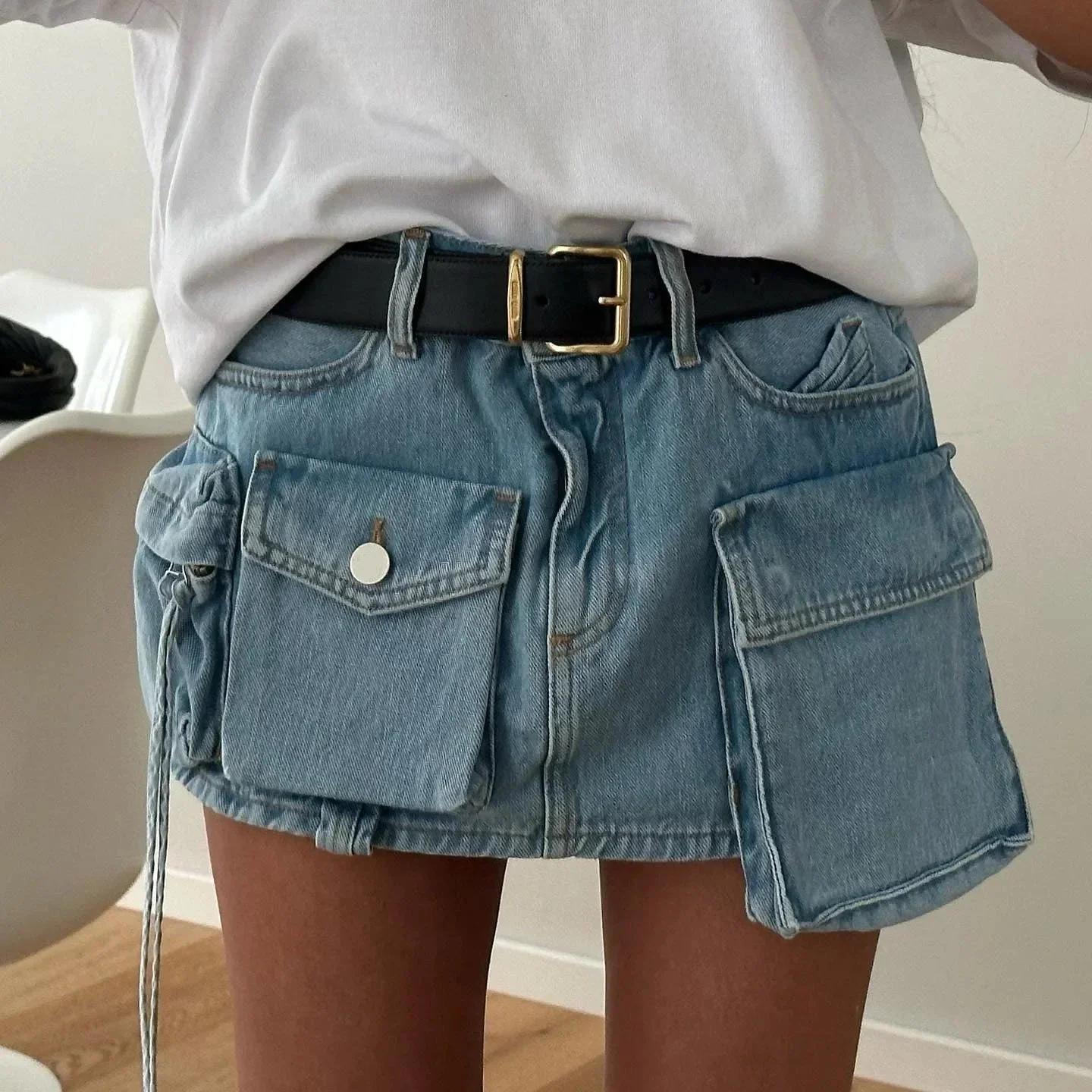 High-Waisted Denim Mini Skirt - Frayed Hem Design