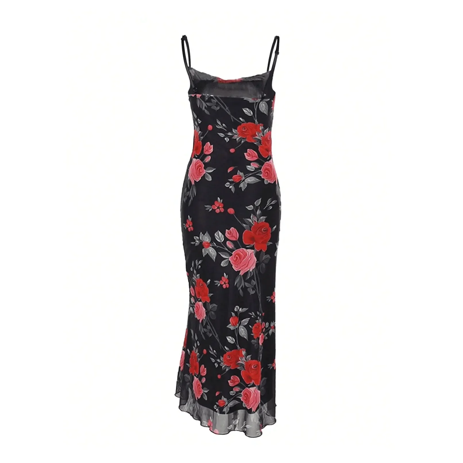 Elegant Floral Print Maxi Dress Black Adjustable Straps
