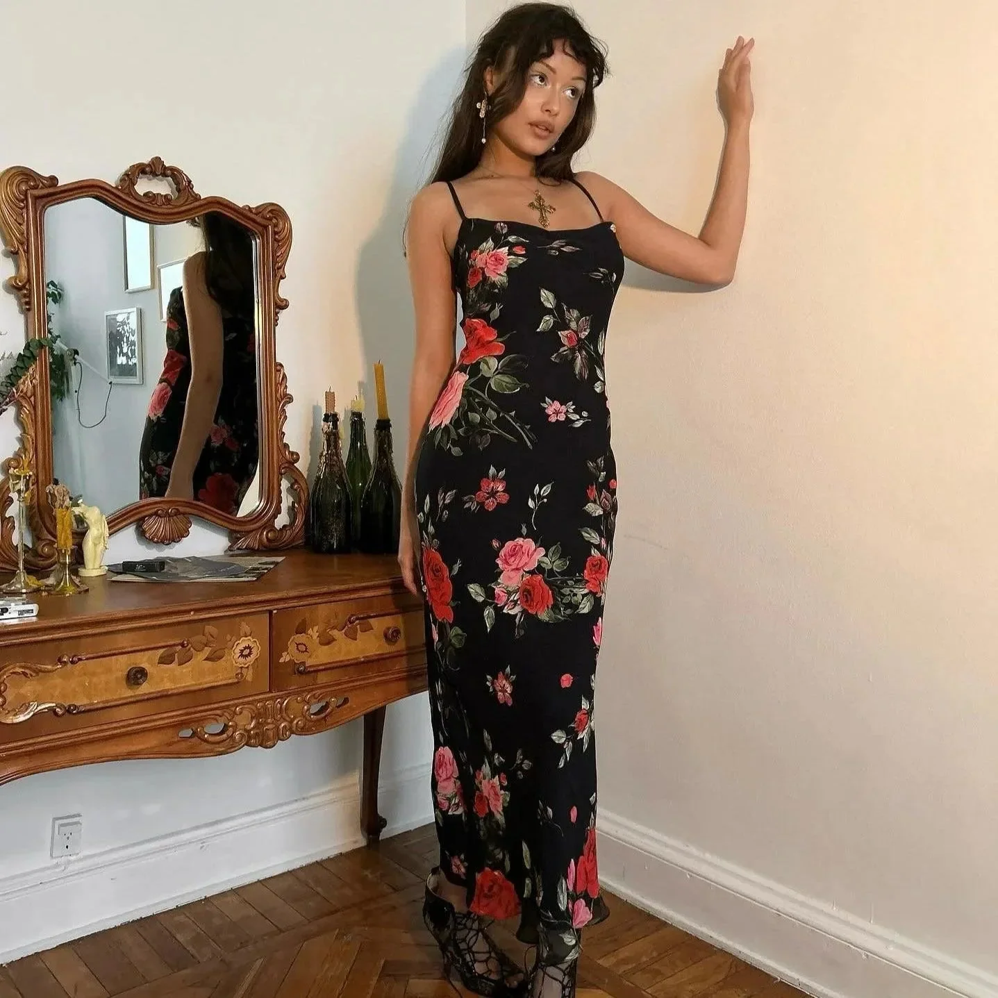Elegant Floral Print Maxi Dress Black Adjustable Straps