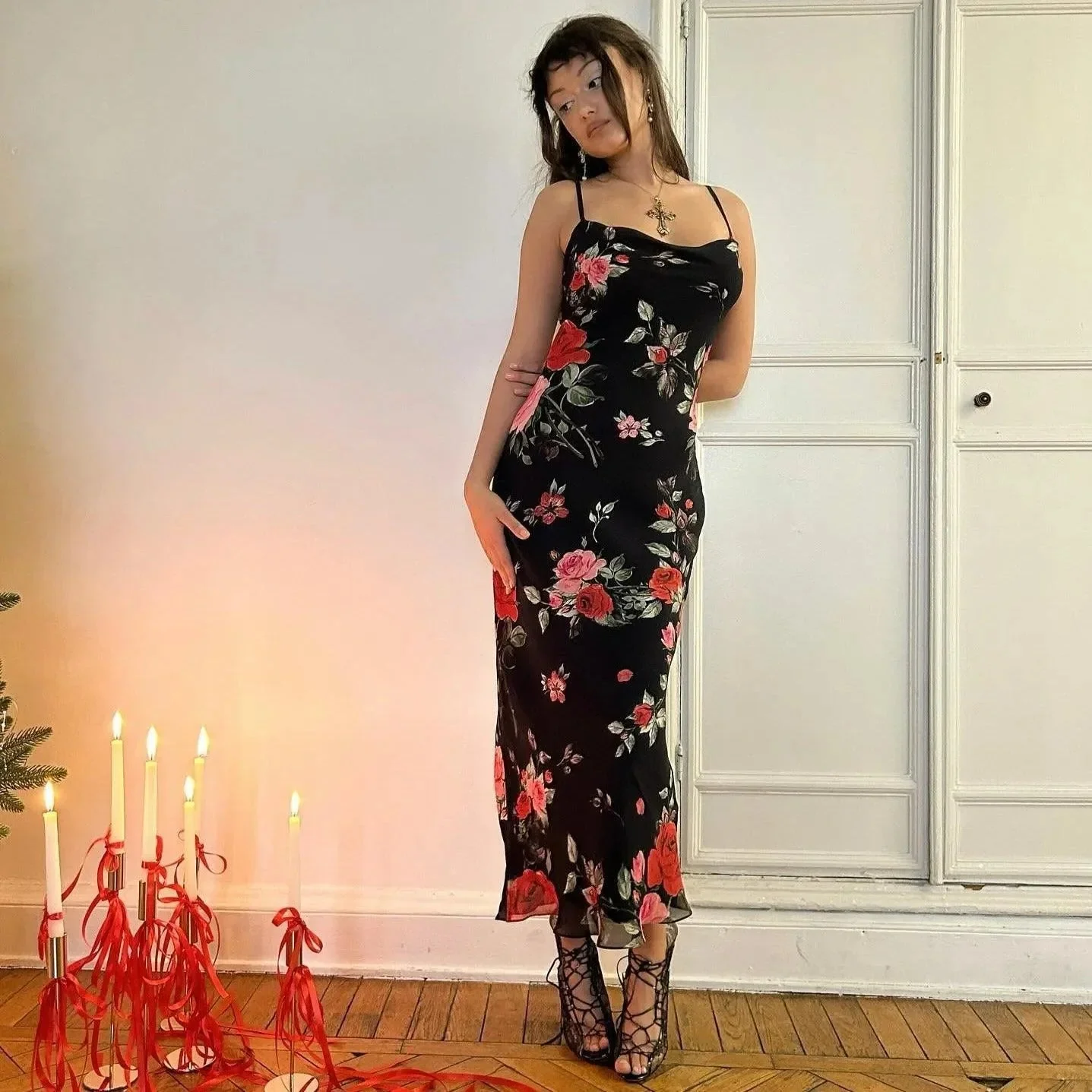 Elegant Floral Print Maxi Dress Black Adjustable Straps