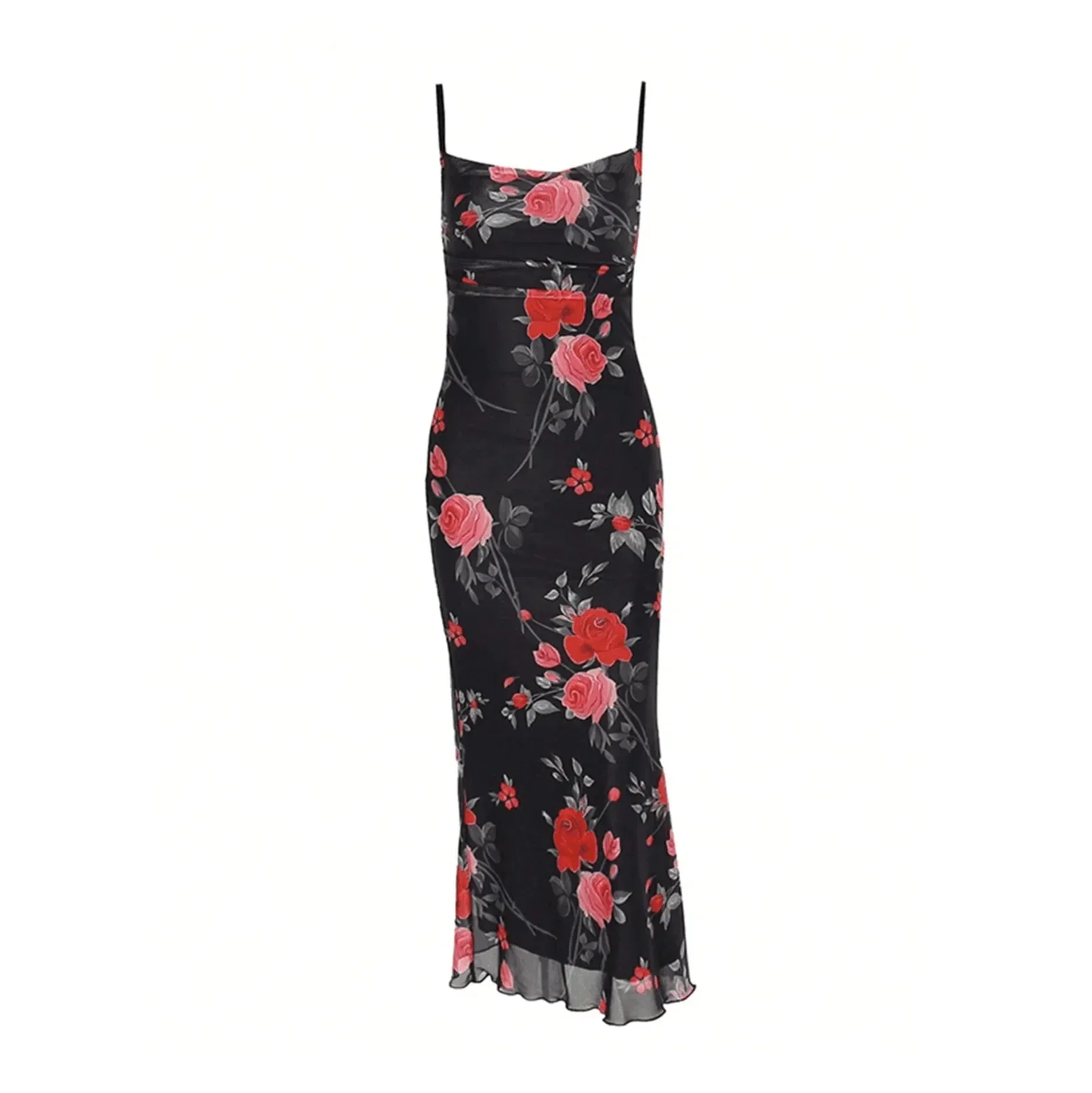 Elegant Floral Print Maxi Dress Black Adjustable Straps