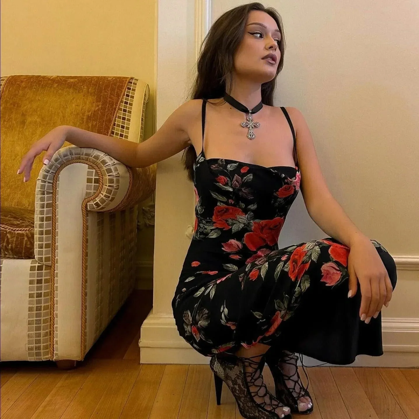 Elegant Floral Print Maxi Dress Black Adjustable Straps