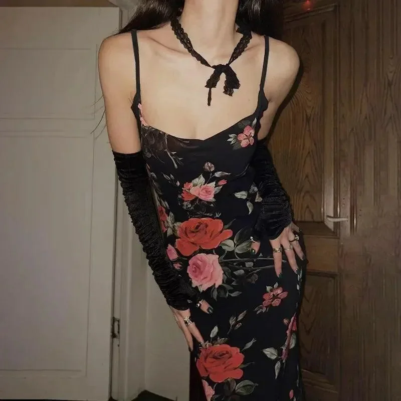 Elegant Floral Print Maxi Dress Black Adjustable Straps