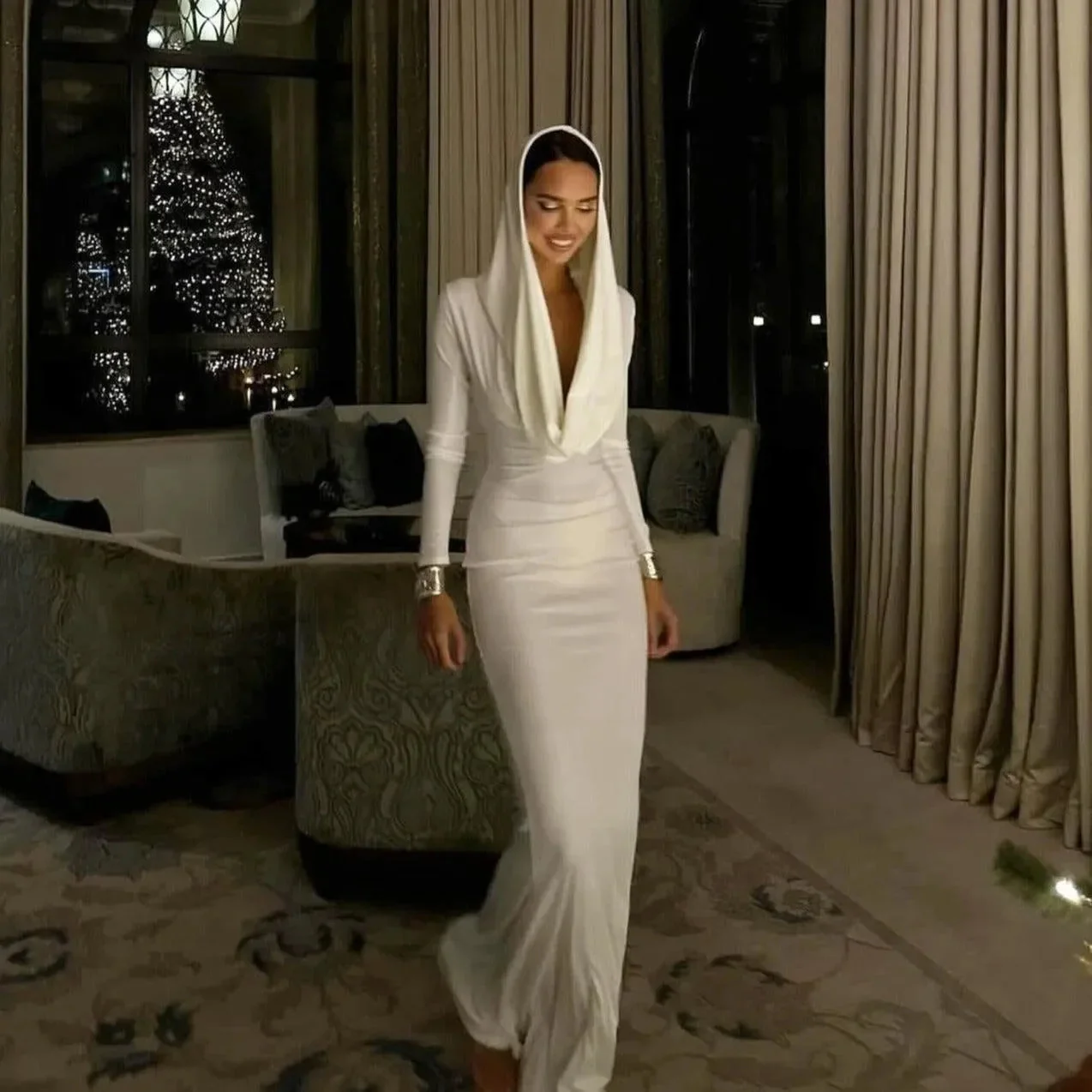 Elegant Hooded Maxi Dress in White for Women