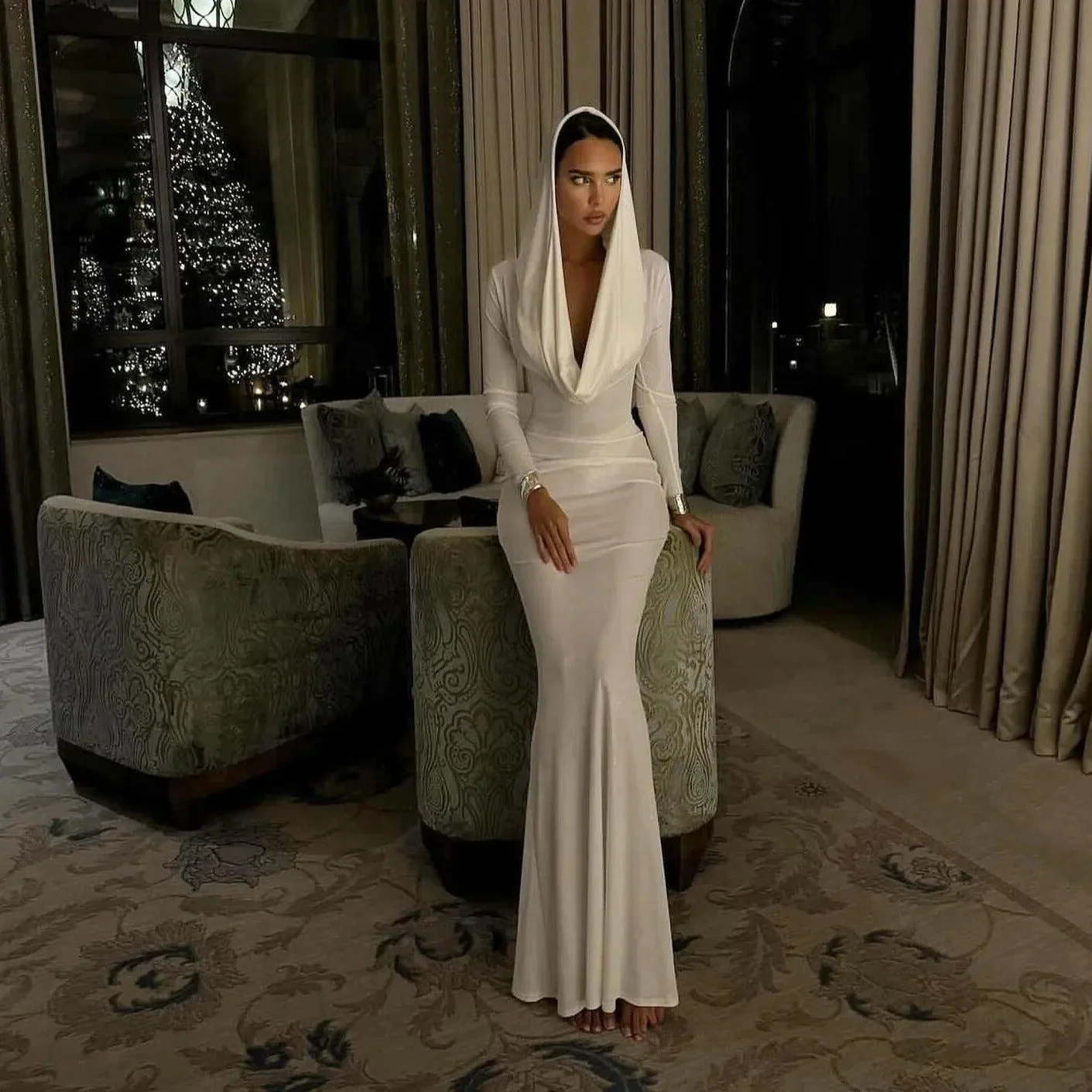 Elegant Hooded Maxi Dress in White for Women