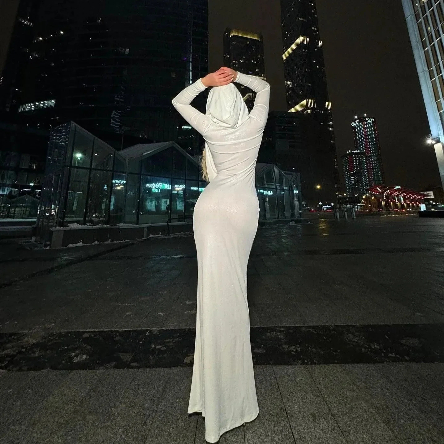 Elegant Hooded Maxi Dress in White for Women