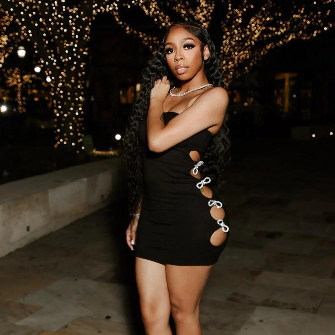 Chic Bow Detail Mini Dress in Black Stretch Fabric