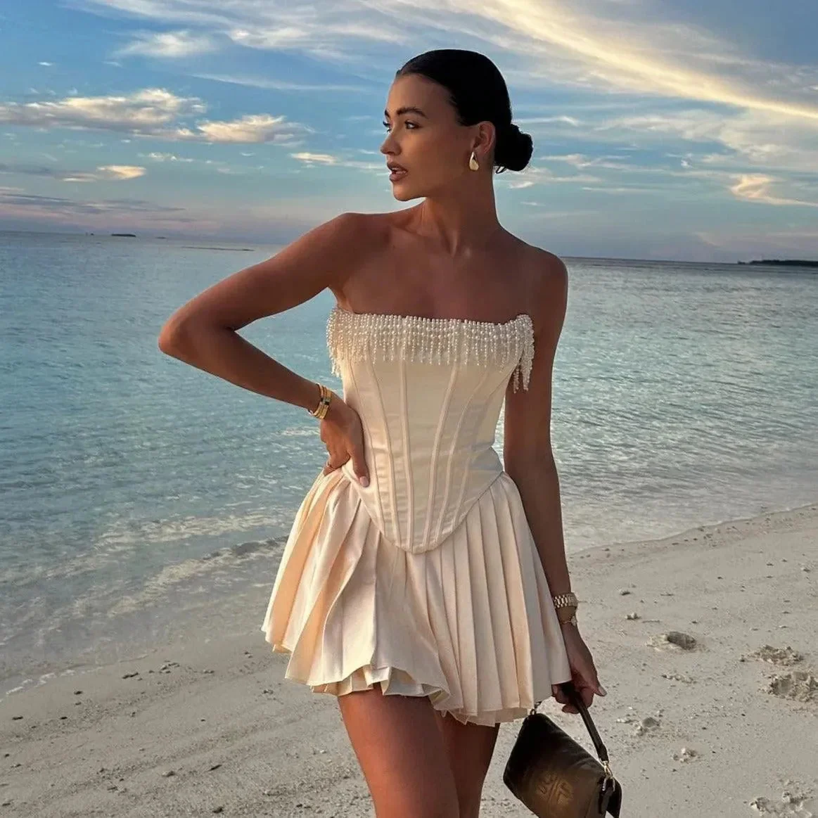 Vintage Satin Crop Top with Pleats - Elegant & Luxurious