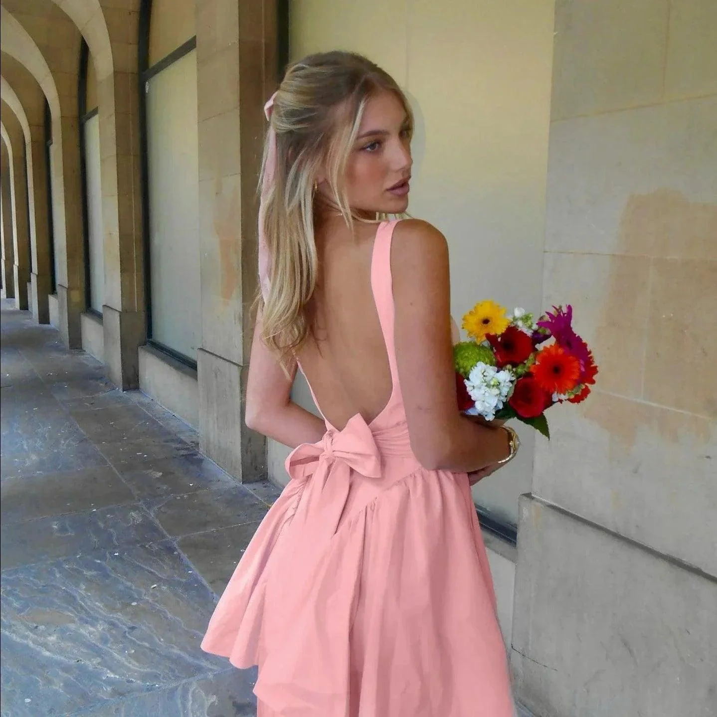 Elegant Bow Accent Mini Dress in Soft Pastel