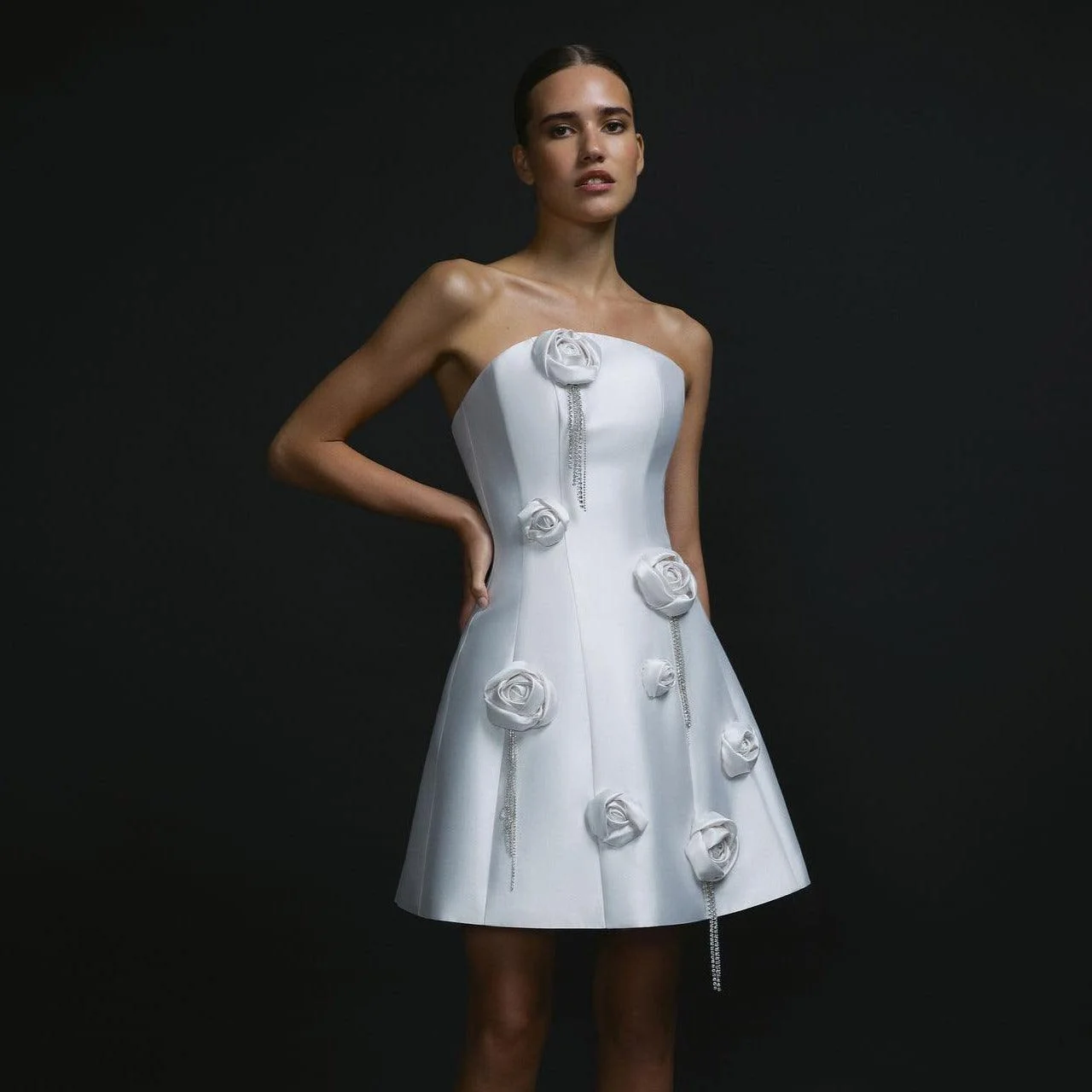 Floral Appliques Mini Dress - Elegant White Dress