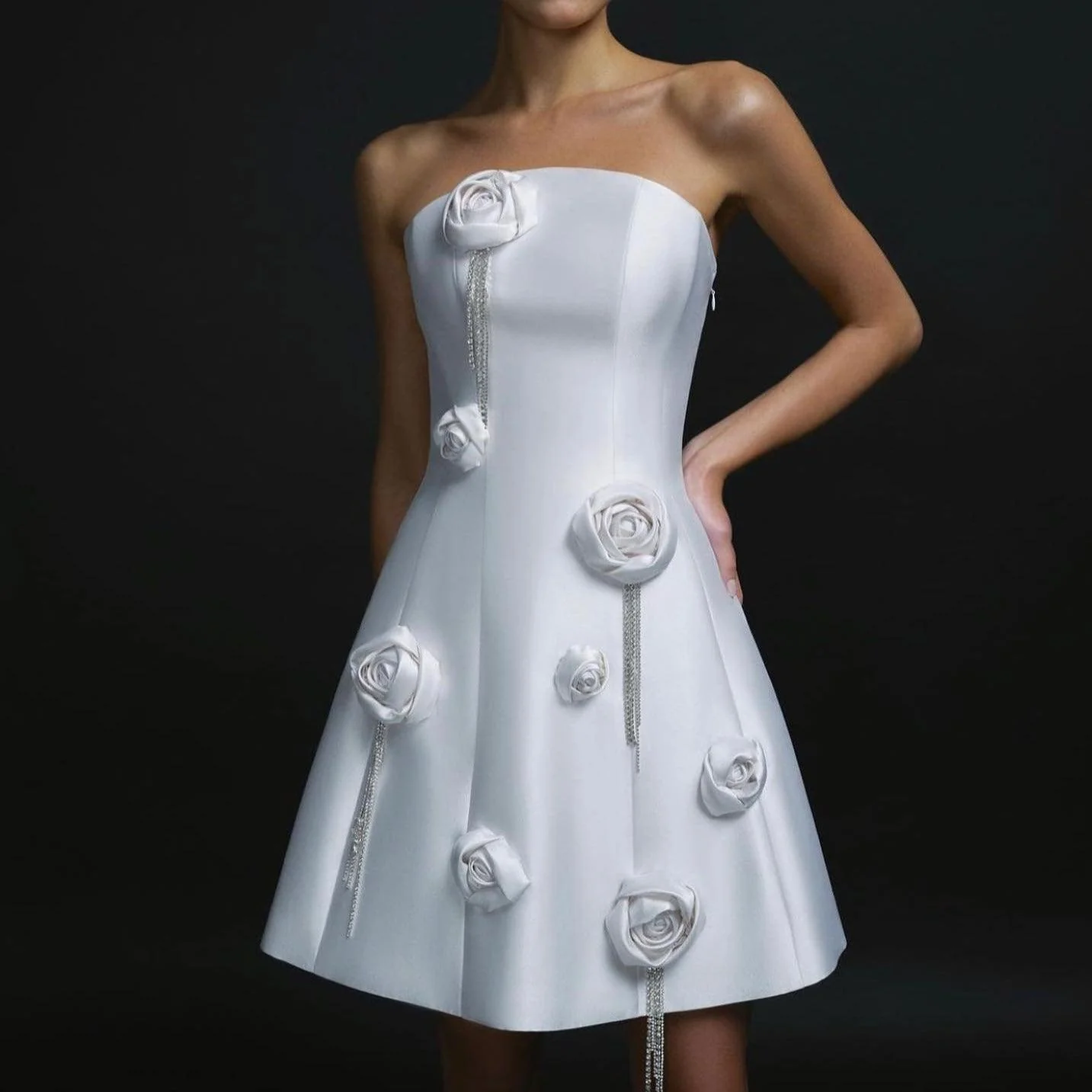 Floral Appliques Mini Dress - Elegant White Dress