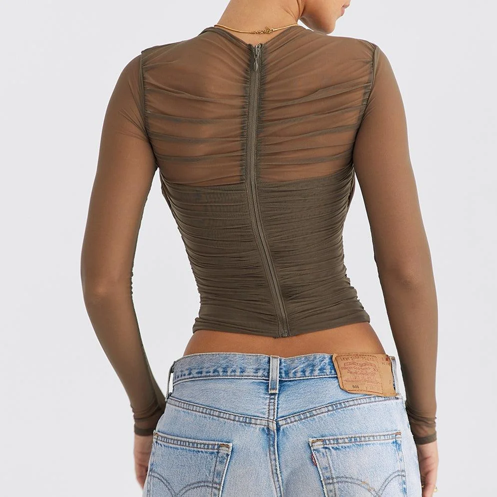Sheer Mesh Crop Top with Long Sleeves